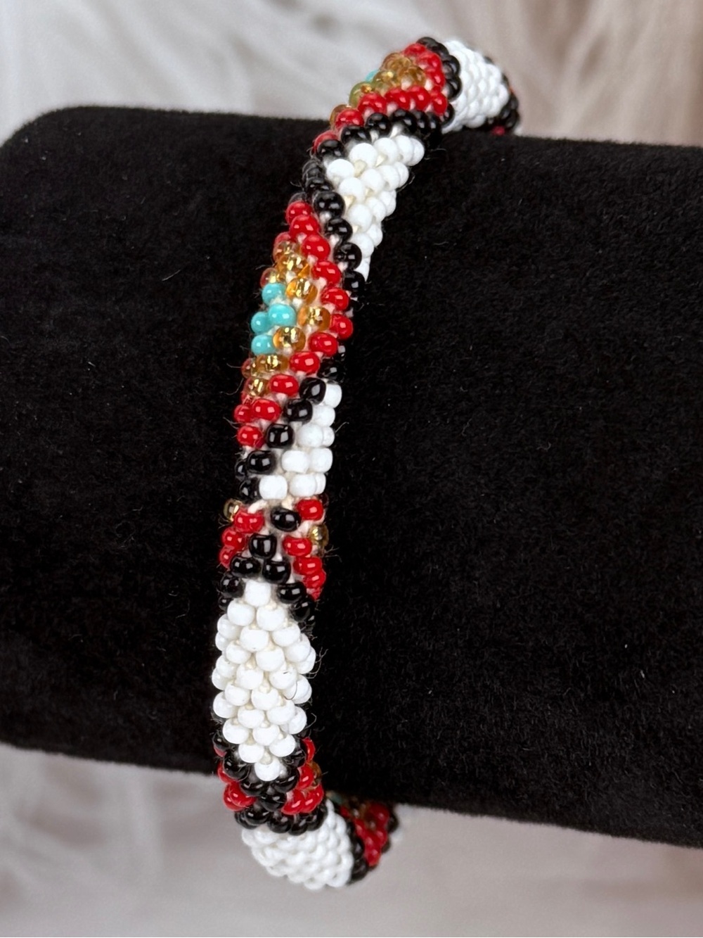 Handmade Beaded Spiral Bracelet - Red, White, Black & Turquoise